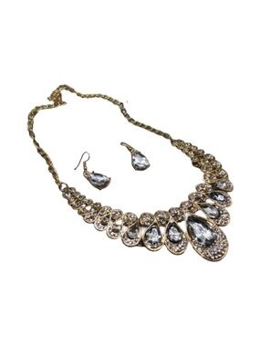 Elegant Gold-Tone Teardrop Crystal Necklace & Earring Set